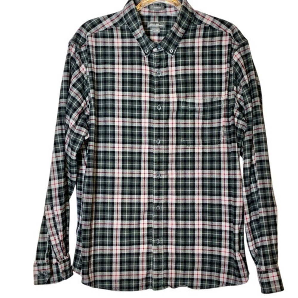Eddie Bauer Classic Fit Gray & Red Plaid Cotton Flannel Button-Up Shirt